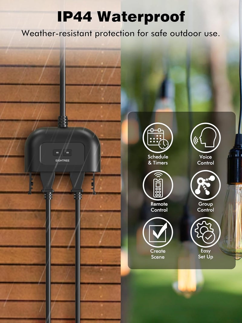 EIGHTREE Outdoor Smart Plug Waterproof IP44, Smart Outlet Plug with 2 Independently Controlled Outlets, Compatible with Alexa and Google Assistant, Voice & Remote Control, Timer&Schedule, 2.4GHz Only - Image 3